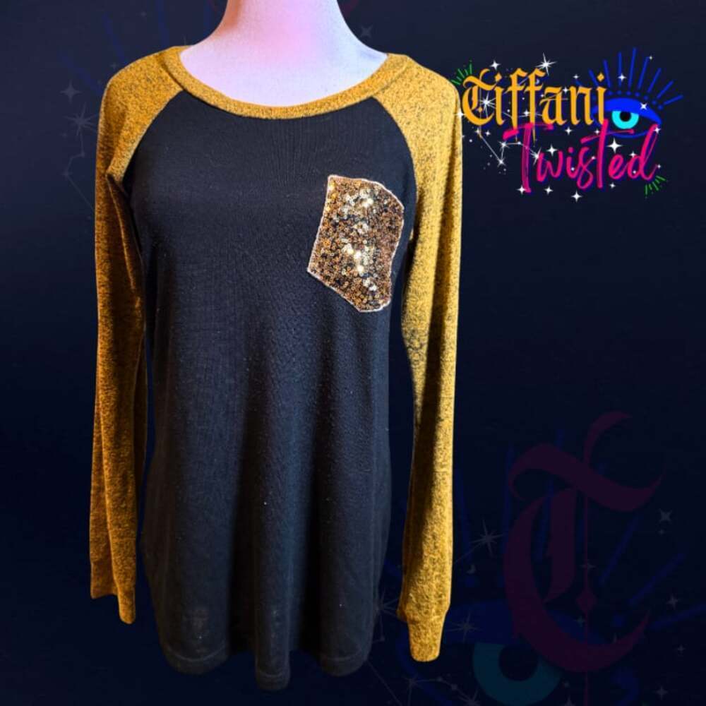 Boutique Black & Mustard Raglan Long Sleeve Top with Sequin Pocket | Size M